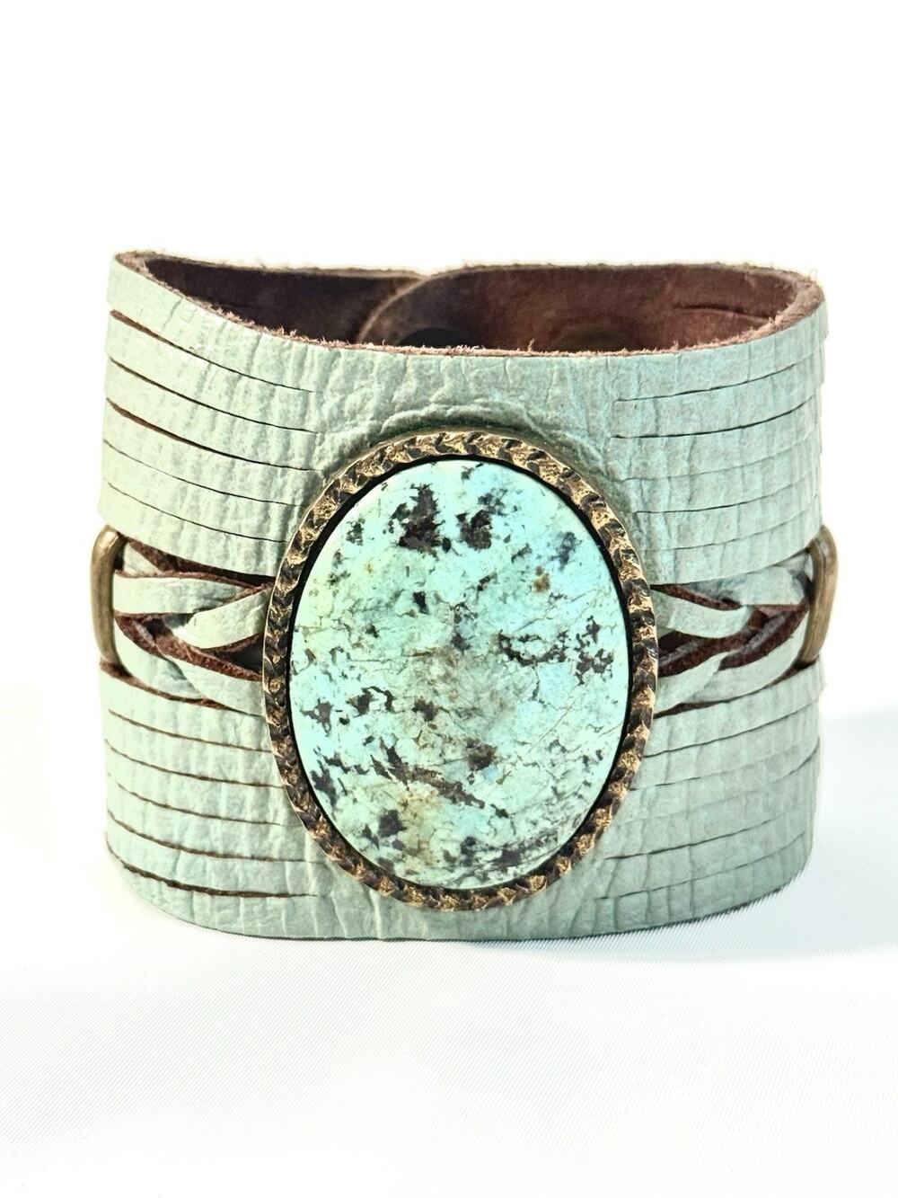 Leatherock USA Turquoise Leather Cuff Bracelet Mint Green Western Boho Snap